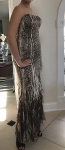MELINDA ENG Brown animal print silk with ostrich feathers trim evening gown 10 - Picture 1 of 9
