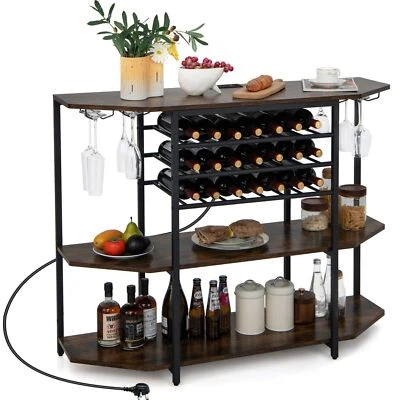 Wine Bar Cabinet 3 Tier Industrial Wine Rack with Storage Shelves Glass Holder - Image 1 of 4