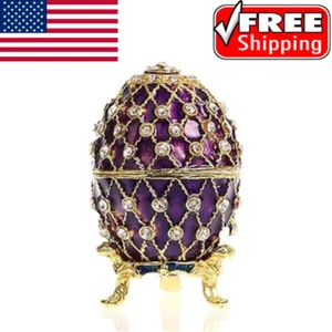Enamel Purple Faberge Egg Jewelry Trinket Box with Crystal Embellishment. - Picture 1 of 6