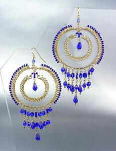 GORGEOUS Artisanal Sapphire Blue Crystals Gold Lattice Rings Chandelier Earrings