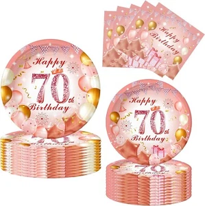 70th Birthday Party Pack Paper Plates and Napkins Rose Gold 52Pcs SET - Picture 1 of 7