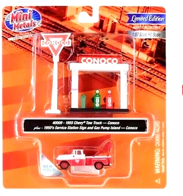 CMW-RTR MINI METALS 1/87=HO 55' CHEVY TOW Truck "CONOCO" SIGN/GAS PUMP ISLAND - Image 1 of 4