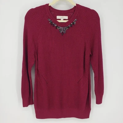 LOFT Jeweled Crew Neck Sweater M Embellished Beaded Ribbed Knit Cotton Silk Red - Image 1 of 4