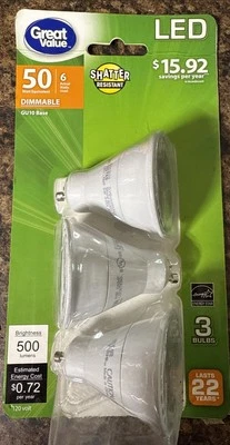 3pk Great Value LED Bulbs GU10 Base 50W Equivalent 6 Actual Watts Dimmable - Image 1 of 2