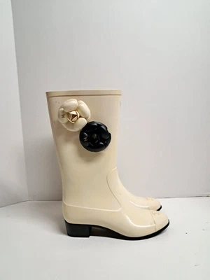Chanel Camellia Rubber Rain Boots Size US 6 Flowers Logo Made in Italy - Image 1 of 4