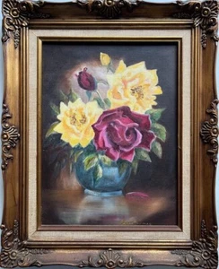 JANET THOMAS AUSTRALIAN OIL "STILL LIFE ROSES" ORNATE FRAME C 1980 - Picture 1 of 7