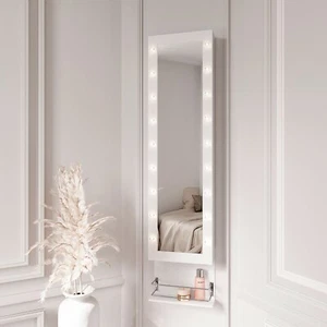 White Wall/Door Hung Mirror Jewellery Cabinet w/ LED Lights & Hair Dryer Holder - Picture 1 of 13