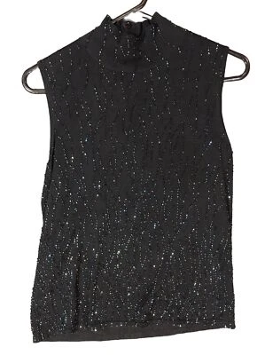 Dana Buchman Черный Бисер Топ Шелковая Смесь Покрытый с Переливающимися Бусинами Bugle S - Изображение 1 из 4