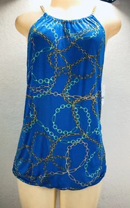 New York & Company Womens M Blue Gold Chain Straps Inner Bra Tank Top Nautical - Picture 1 of 13