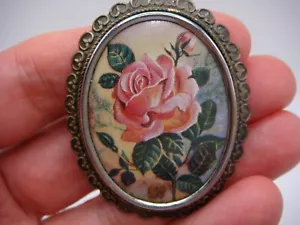 VINTAGE SIGNED TLM STERLING OVAL PIN BROOCH ROSE PAINTING ESTATE - Bild 1 von 13