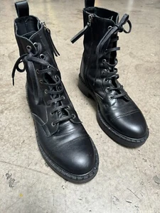 Theory Women Laced Boot Combat Nylon Leather Booties Black Sz 37 SuperFeet inser - Picture 1 of 14