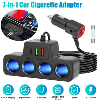7-in-1 4Way Car Cigarette Lighter Socket Splitter Fast Charger Power Adapter 12V - Image 1 of 4