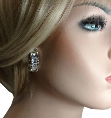 Chicos Silver Tone Square Rhinestone Pierced Hoop Earrings For Women 1 1/4" — 第 1/4 张图片