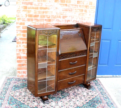 English Antique Oak Art Deco Leaded Glass Side By Side Drop Front Desk /Bookcase Cover
