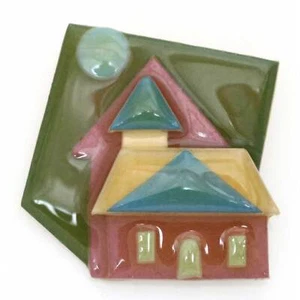 Vintage House Pins by Lucinda Brooch Church Moon Avocado Green Pink Blue Tan - Picture 1 of 2
