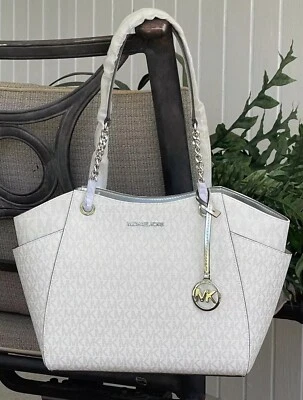 Michael Kors Jet Set Travel Large Chain Shoulder Tote Bag Optic White and Silver - Image 1 of 4