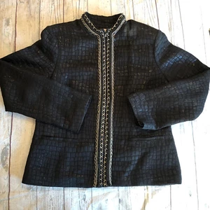 CHICO’s Black Print Zip Jacket W/CHAIN & BRAID TRIM Size 1 Medium 8 As Is - Picture 1 of 10