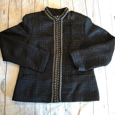 CHICO’s Black Print Zip Jacket W/CHAIN & BRAID TRIM Size 1 Medium 8 As Is - Image 1 of 4