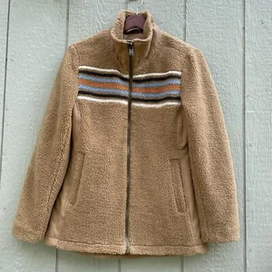 Pendleton Jackets Womens S Tan Stripe Brooke Chimayo Sherpa  Zip Pockets Cozy - Picture 1 of 24