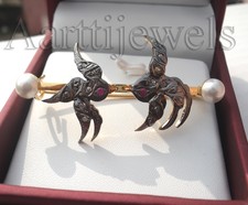 Pearl Couple Bird Bridal Brooch Victorian 0.60ct Rose Cut Diamond Ruby