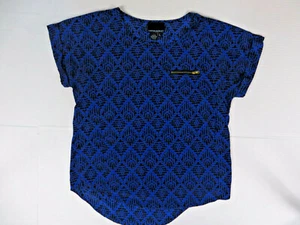 Camicia donna Cynthia Rowley blu nera fantasia zip tasca cappuccio manica taglia large - Foto 1 di 6