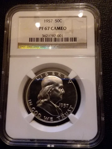 1957 NGC PF 67 CAMEO HALF DOLLAR ** RARE SPOTLESS SUPERB CAMEO PROOF FRANKLIN ** Cover