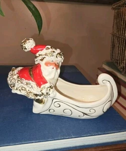 Johanna Calif. Keramik 40er/50er Jahre Spaghetti Weihnachtsmann mit Schlitten. 22k Gold Akzente - Bild 1 von 9