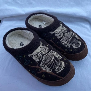 Acorn Owl Slippers Forest Mule Brown Suede & Embroidered Sz 6 1/2 - 7 1/2 Womens - Picture 1 of 9