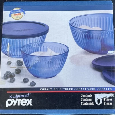 Pyrex Cobalt Blue Sculptured 3 Bowls 3 Lids NIB See Sizes in Discription - Image 1 of 4
