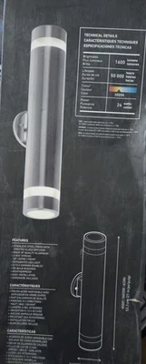 Artika 21" Indoor/Outdoor LED WALL LIGHT. Cylinder Stainless Steel Finish. NEW - Image 1 of 2