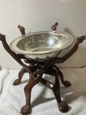 Soporte plegable de madera tallada a mano vintage para plantas estilo cuenco 10" de ancho Foto 1 de 4