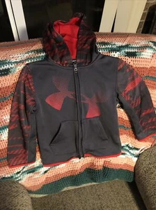BOYS SIZE YOUTH 4 UNDER ARMOUR ZIP FRONT HOODIE GRAY/RED VGC - Picture 1 of 3