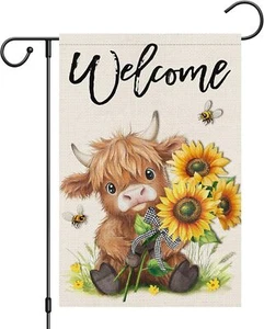 Heyfibro Welcome Summer Highland Cow Garden Flag 12x18 Double Sided Burlap Sprin - Picture 1 of 7