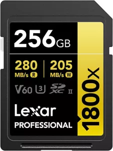 Lexar Gold Series Professional 1800x 256GB UHS-II U3 SDXC Memory Card V60 U3 4K - Picture 1 of 7