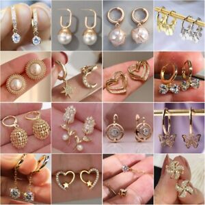 925 Silver Gold Pearl Drop Earrings Women Cubic Zirconia Wedding Jewelry Gifts