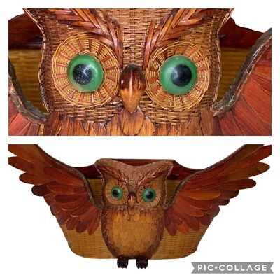 Vintage Wicker Owl Rattan Woven Wall Pocket Letter Mail Basket Kitchie - Image 1 of 4