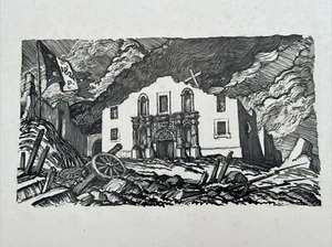 VINTAGE ILLUSTRATION SCRATCHBOARD DRAWING WAR BATTLE HISTORIC 1824 ALAMO SCENE - Picture 1 of 11