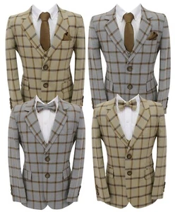 Boys Windowpane Check Suit Formal Wedding Prom Retro Classic 7 Piece Set - Picture 1 of 24