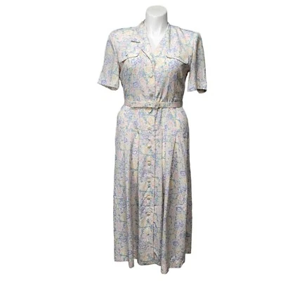 Vestido midi vintage anos 80 Leslie Fay 12 pastel floral botão frontal cinto combinando - Imagem 1 de 4
