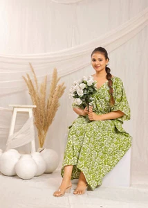 Maxi vestido kimono bata con estampado de bloques de algodón, vestido largo caftán, ropa de dormir - Imagen 1 de 8