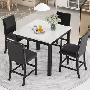 5-Piece Counter Height Dinner Table Set Square Breakfast Table 4 Stools Black - Picture 1 of 12
