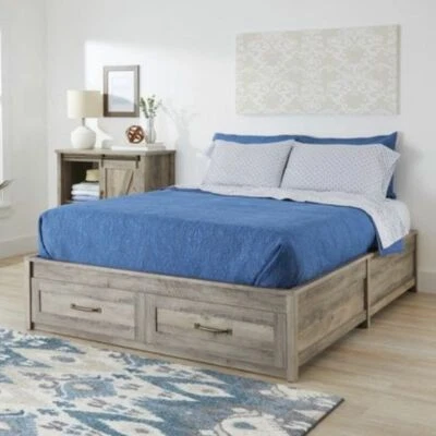 Modern Farmhouse Queen Platform Bed Frame with Storage Drawers Rustic Gray NEW - Image 1 of 4