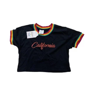 NWT Bloom+Pop Junior Sz XS Crop Top Black California Rainbow Trim Oversized NEW - Picture 1 of 5