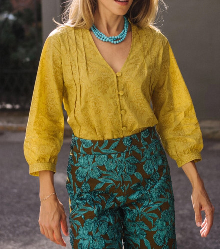 Top blusa nuovo con etichette Parterre Quinn Celine stampa floreale pieghettato bottoni davanti 2 (6 8)