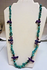Southwestern Turquoise Necklace with Amythist stones and carved animal stations  - Picture 1 of 5