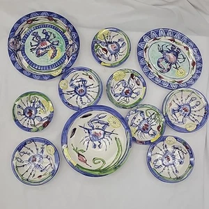 (11pc) Steve Hasslock Studio signed '94-'98 Blue Crab Bowl Hand Painted Design  - Picture 1 of 24