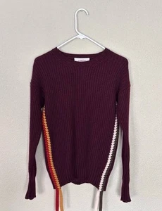 Derek Lam 10 Crosby Sweater XS Burgundy Rainbow Trim Pullover Ribbed Knit - Picture 1 of 13