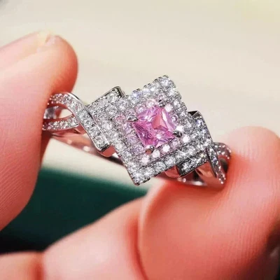 2 Ct Princess Simulated Sapphire Women's Wedding Halo Ring 14k White Gold Plated - Image 1 of 4