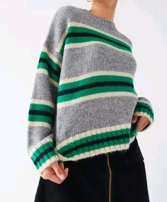 Urban Outfitters Womens Striped Boyfriend Sweater Oversized Gray Green XS Preppy - Image 1 of 4