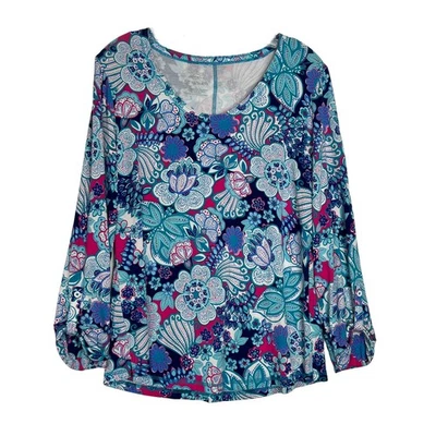 T by Talbots Long Sleeve Bamboo Rayon Floral UPF 50+ Pullover Top Blue Pink - Image 1 of 4